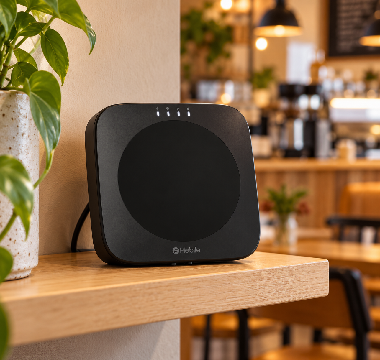 Illustrative Helium indoor hotspot installed on a small café shelf