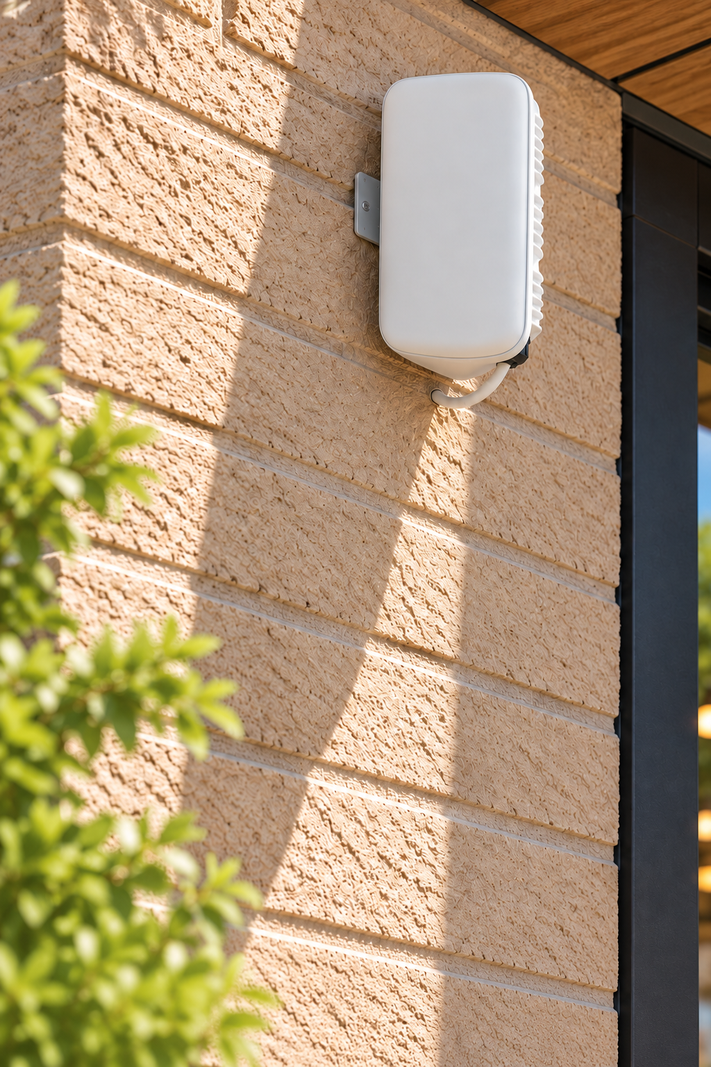 Illustrative Helium outdoor hotspot mounted high on a business wall with a small bracket